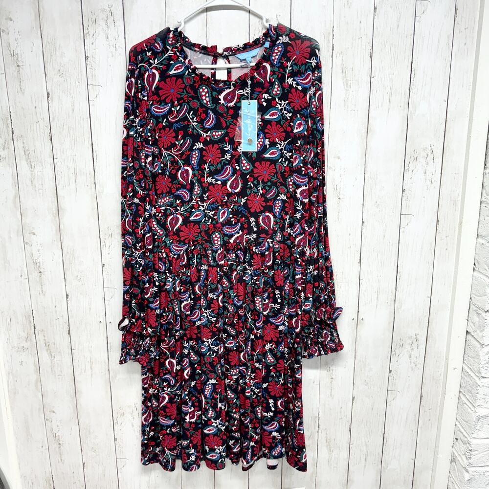 Draper James Dress‎ Women Size TL Long Sleeve Paisley Faux Wrap Mini Knit Red